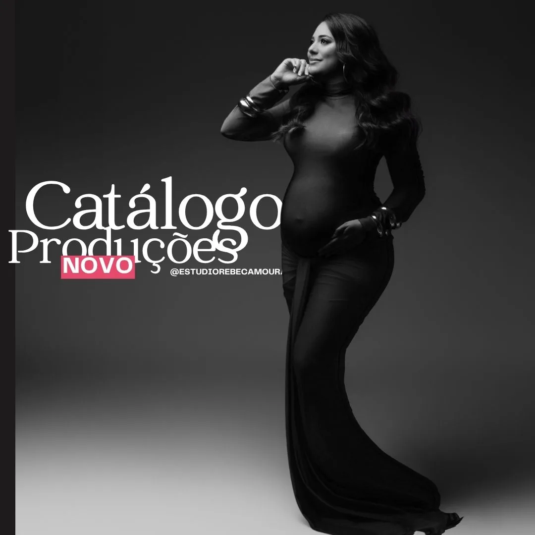 Capa do catálogo de produções do estúdio — grávida em vestido preto justo, mão no rosto