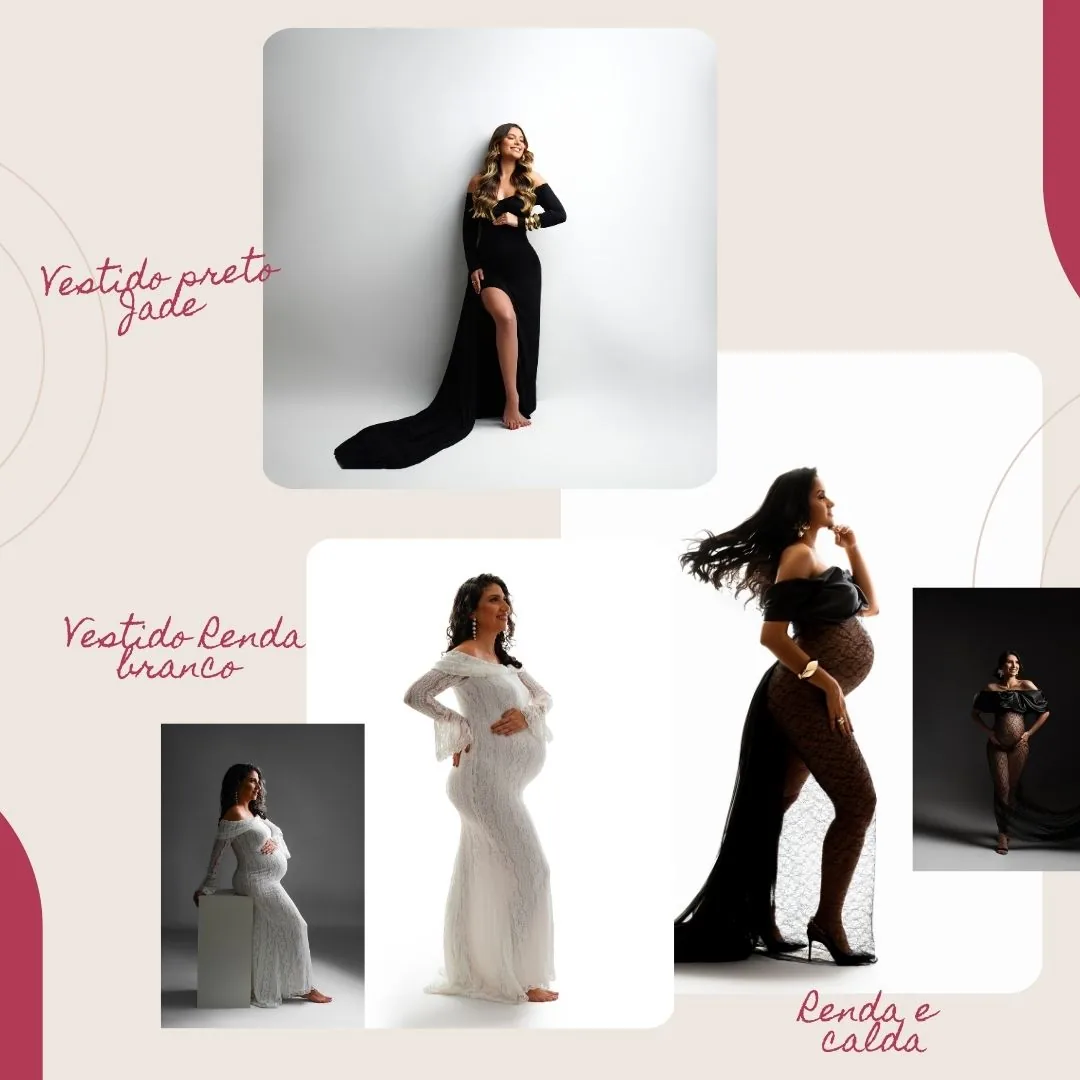 Looks vestido preto Jade, vestido de renda branco e conjunto de renda com calça — opções de produção gestante