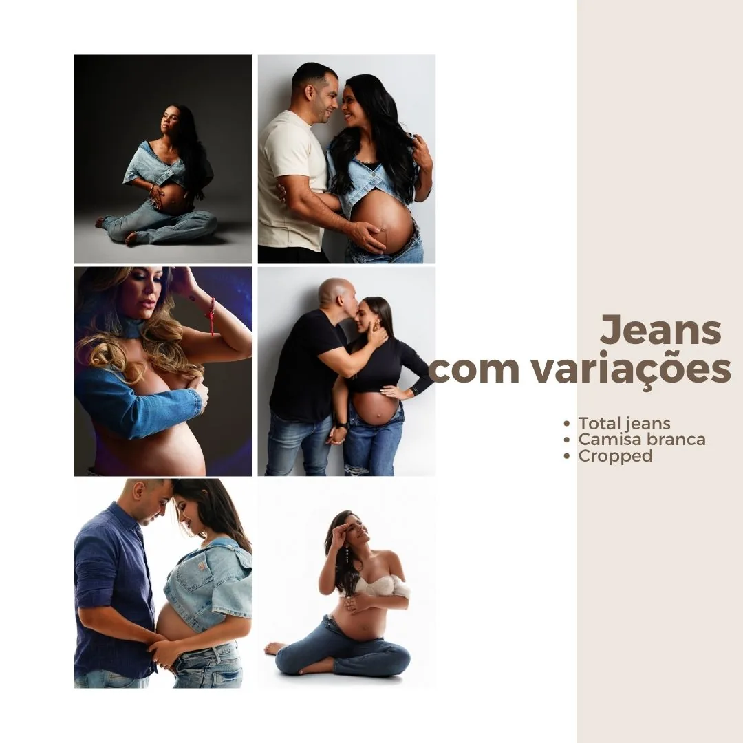 Look jeans com variações — total jeans, camisa branca e cropped, ensaios em casal e família
