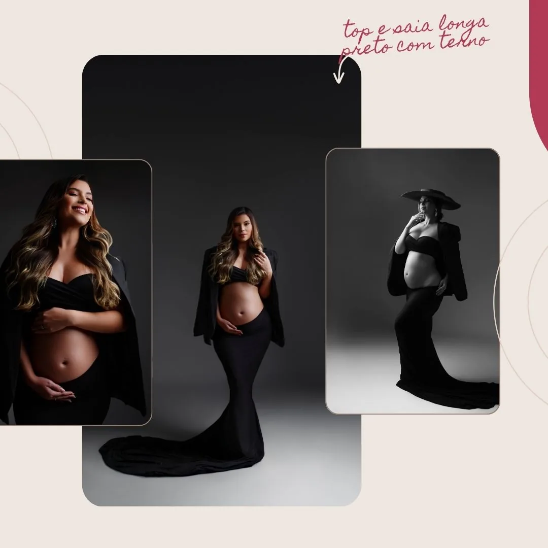 Look top e saia longa preta combinado com terno — opções em preto e branco e preto