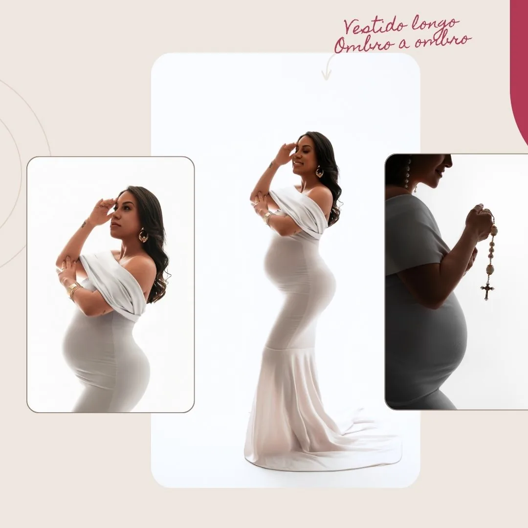 Vestido longo com decote ombro a ombro em tom claro, detalhe de terço na barriga