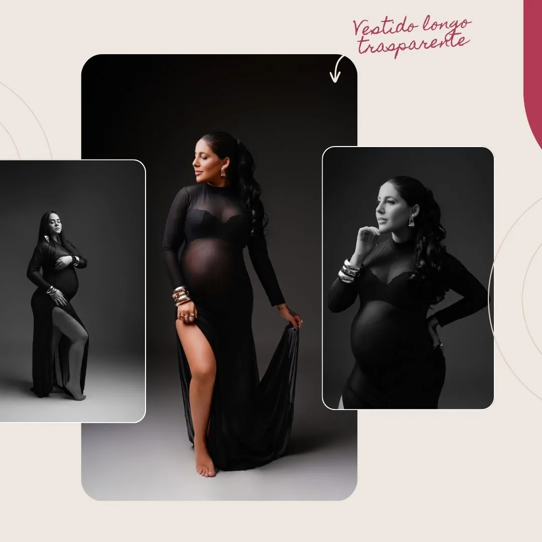 Vestido longo preto transparente com fenda, fotos coloridas e em preto e branco