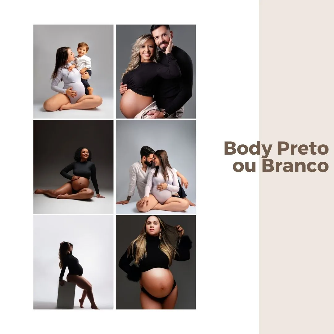Body preto ou branco — fotos em família, casal e retratos individuais da gestante