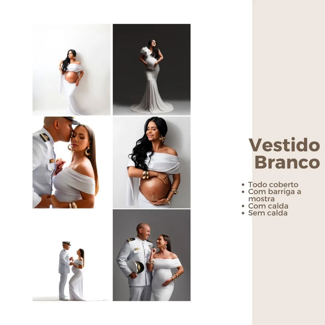 Vestido branco em variações — todo coberto, com barriga à mostra, com e sem calda