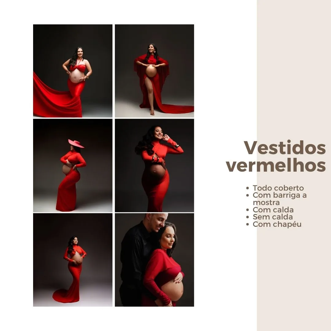 Vestidos vermelhos em variações — todo coberto, barriga à mostra, com calda, sem calda e com chapéu