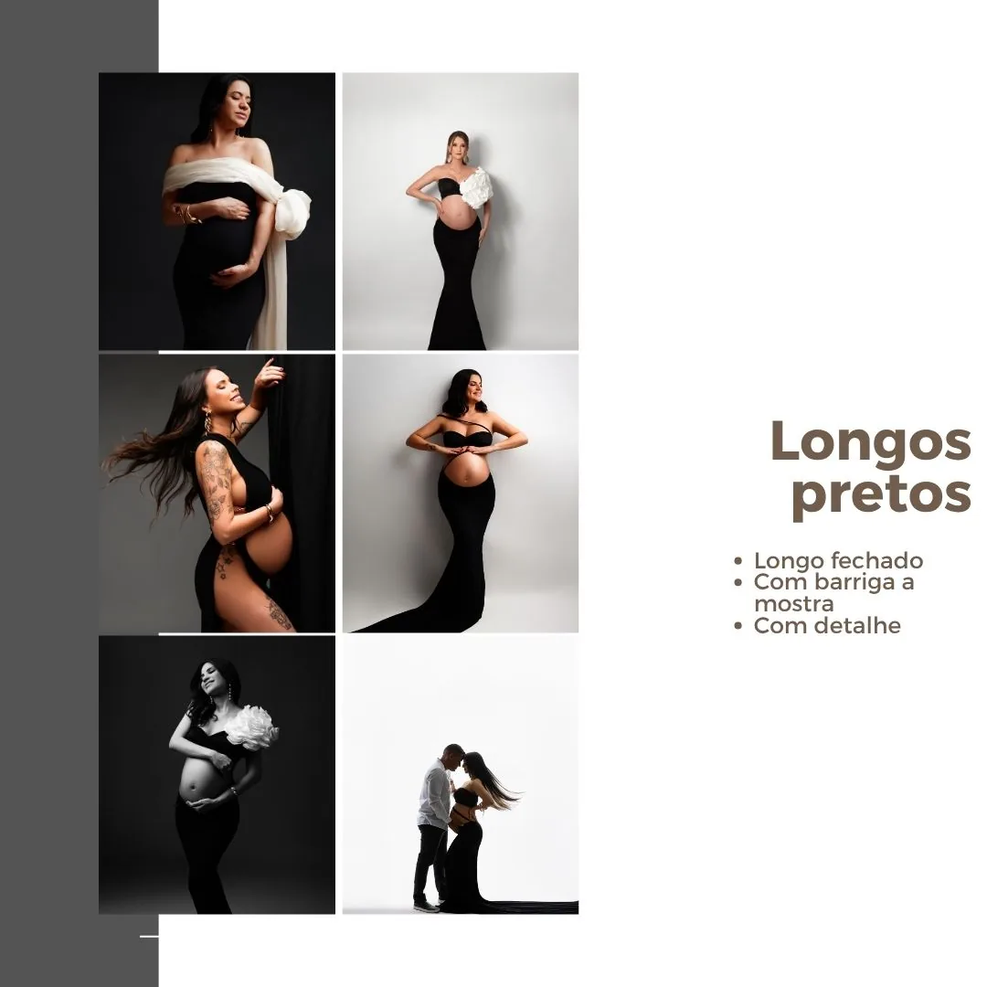 Vestidos longos pretos — fechado, com barriga à mostra e com detalhe floral