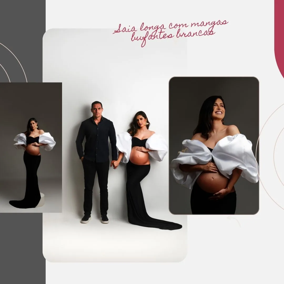 Saia longa preta com mangas bufantes brancas, com registro em casal