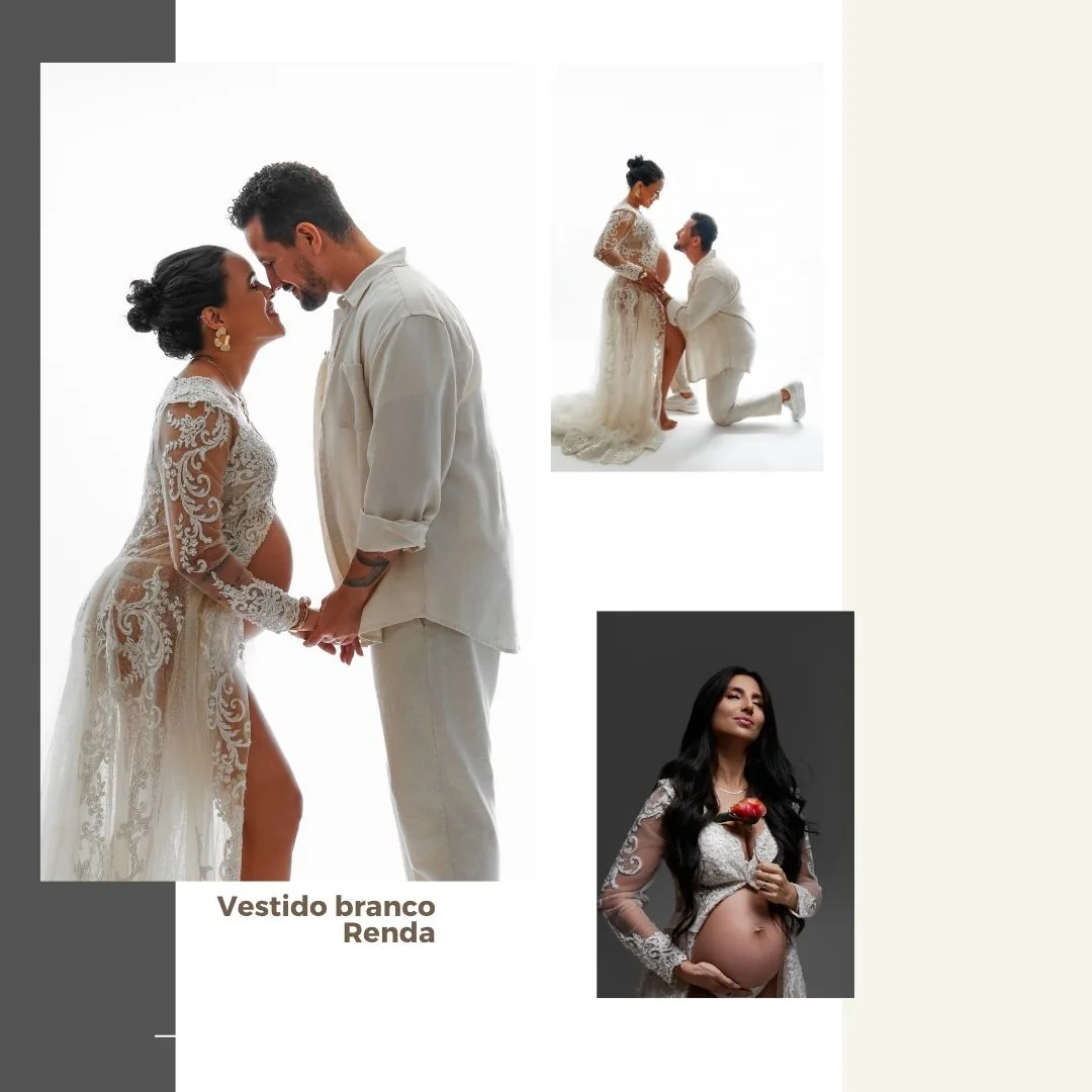 Vestido branco de renda, ensaio em casal e retrato individual