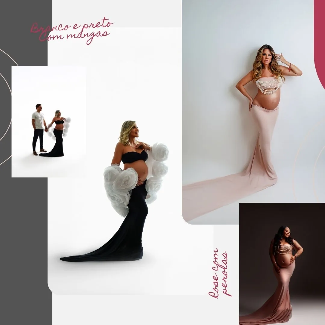 Vestido preto com mangas brancas e vestido rosé com aplicação de pérolas