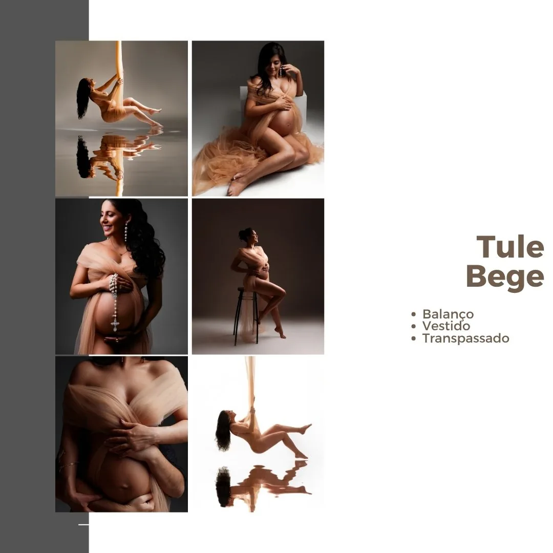 Produção em tule bege — vestido transpassado, com balanço e fotos com reflexo na água