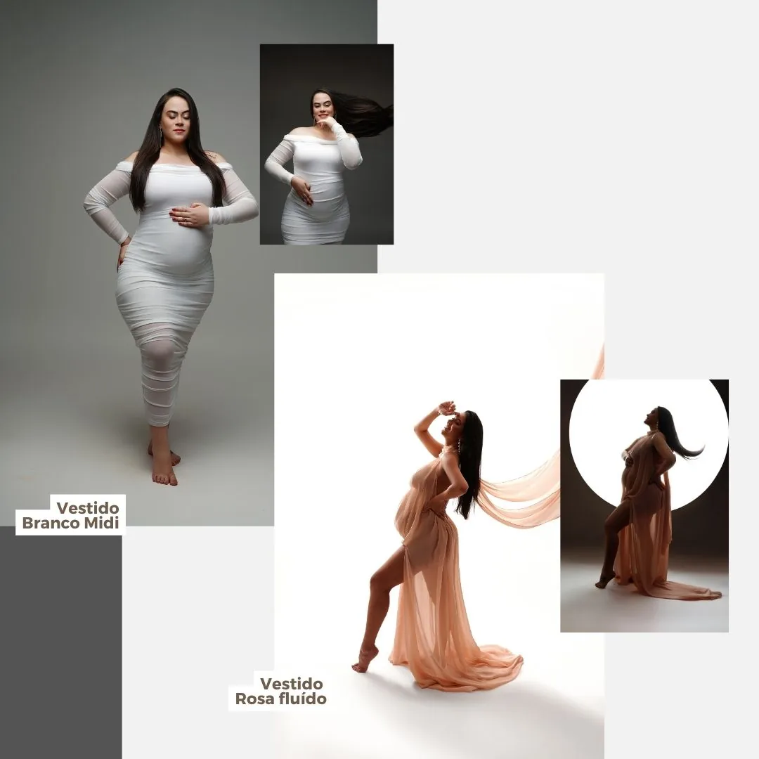 Vestido branco midi e vestido rosa fluido esvoaçante