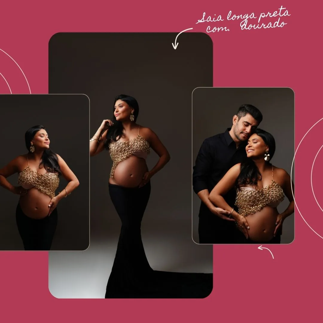 Saia longa preta com top dourado, com registro em casal