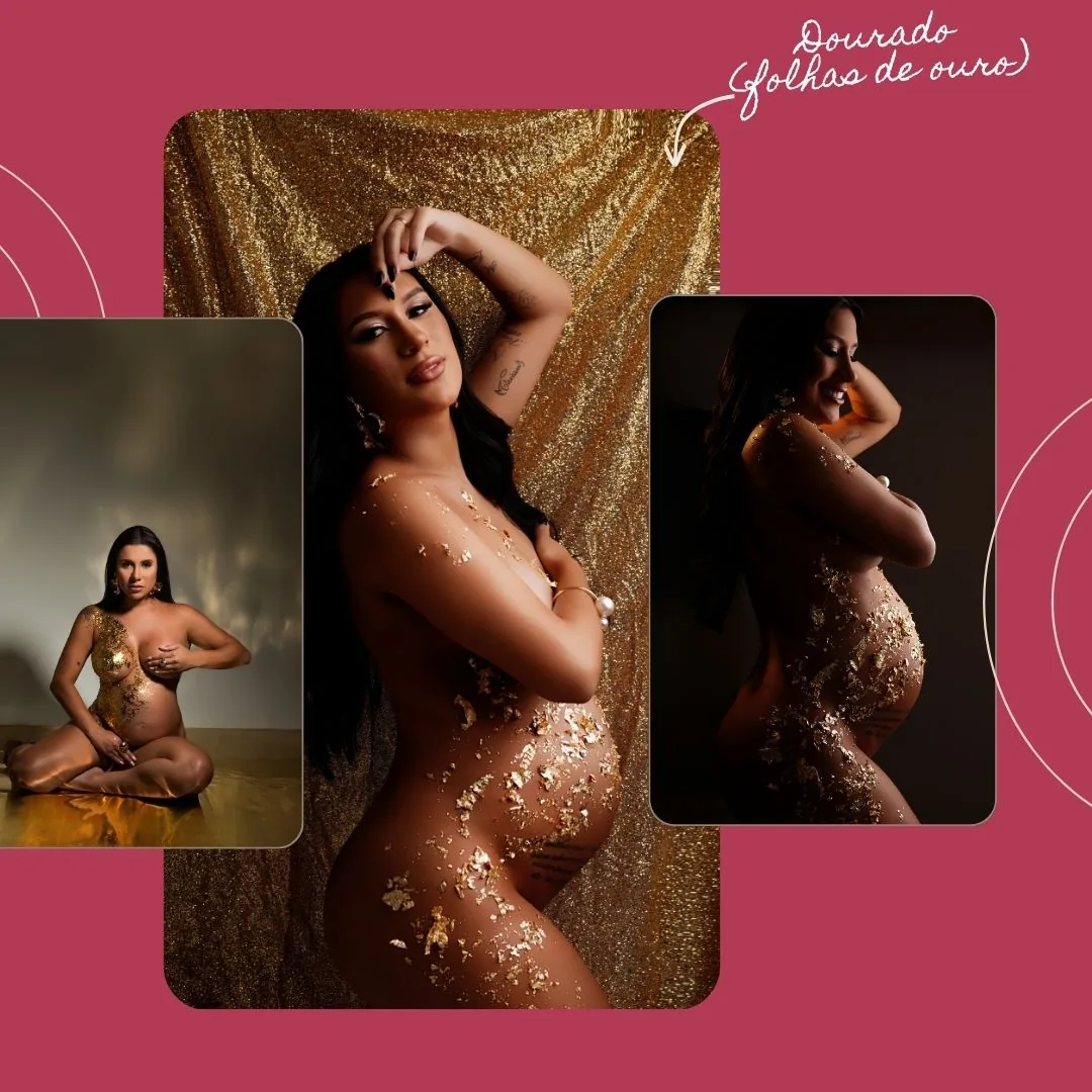 Produção artística com folhas de ouro aplicadas sobre a pele, fundo dourado