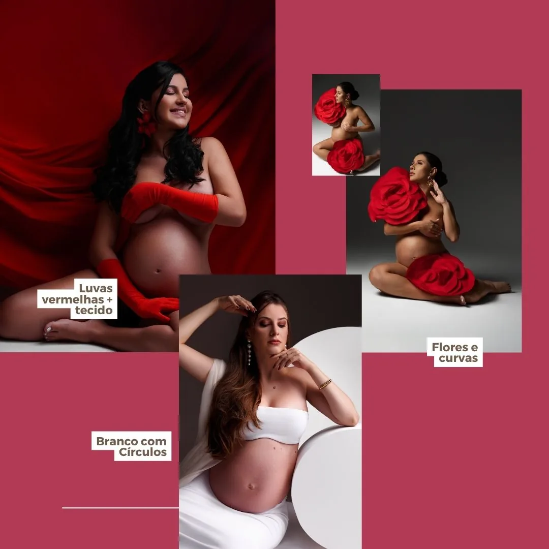 Produção com luvas vermelhas e tecido, flores vermelhas e vestido branco com recortes circulares