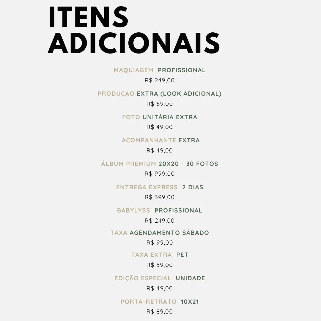 Lista de itens adicionais e valores do ensaio gestante do estúdio
