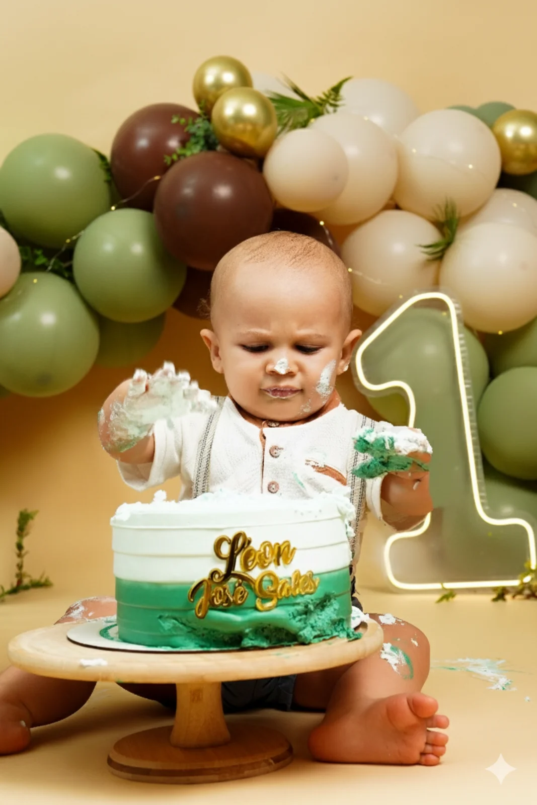 Retrato do bebê sorrindo, roupa branca e suspensório — ensaio smash the cake