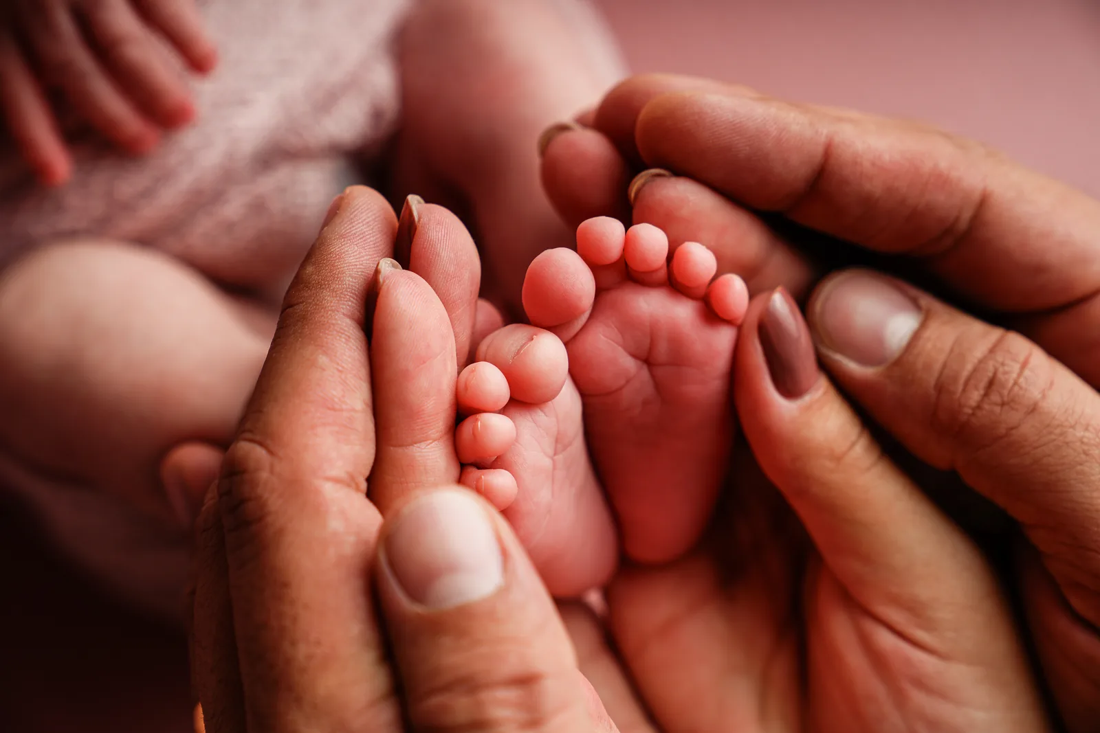 Pés da recém-nascida seguros nas mãos dos pais, detalhe de perto